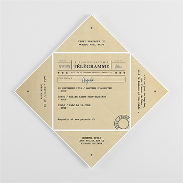 Faire-part de baptême télégramme baptême cocotte - Vue intérieure pliée