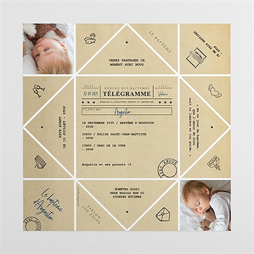 Faire-part de baptême télégramme baptême cocotte - Vues dépliée