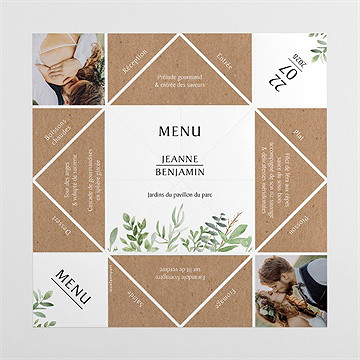 Menu mariage nature chic cocotte - Vue dépliée