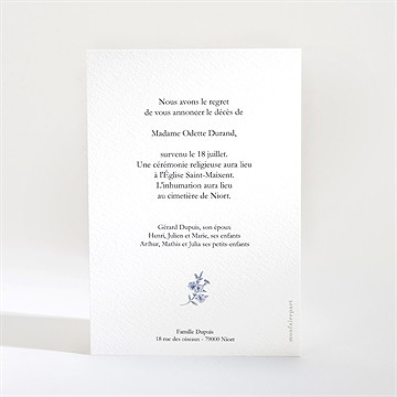 Faire-part décès fleurs bleues - Dos du faire-part