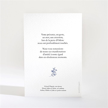 Remerciement décès fleurs bleues - Dos de la carte