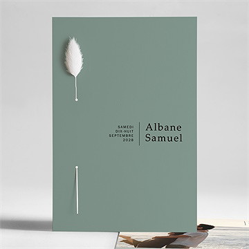 Faire-part mariage vert laurier fleur séchée - Vue d'ensemble