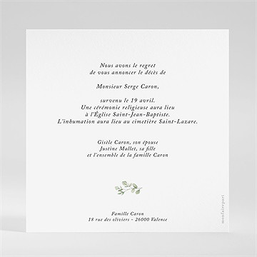 Faire-part décès moderne végétal - Dos du faire-part