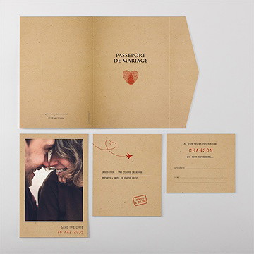Faire-part mariage passeport vintage pocketfold - Vue ensemble extérieur