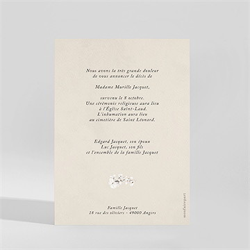 Faire-part décès bouquet blanc - Dos du faire-part