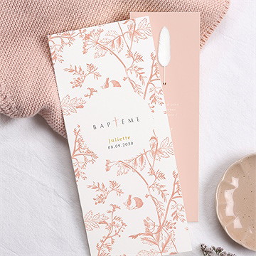 Faire-part de baptême gravure rosée fleur séchée