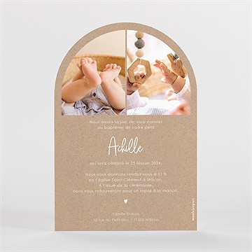 Faire-part de baptême kraft pictos arche - Dos du faire-part