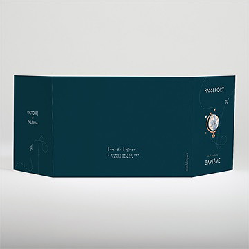 Faire-part de baptême passeport bapteme jumeaux - Dos du faire-part