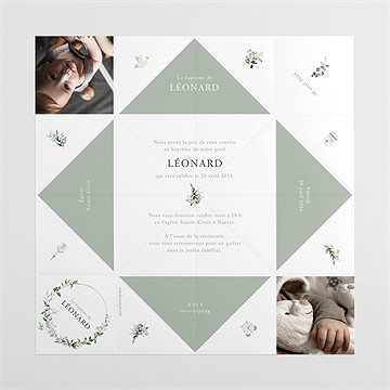 Faire-part de baptême l'eucalyptus cocotte - Vues dépliée