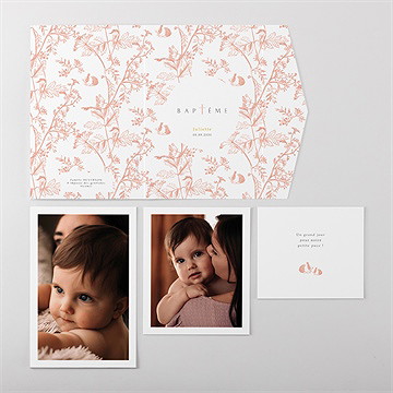 Faire-part de baptême gravure rosée pocketfold - Vue ensemble extérieur
