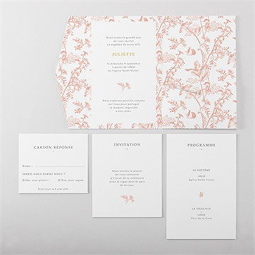 Faire-part de baptême gravure rosée pocketfold - Vue d'ensemble intérieur