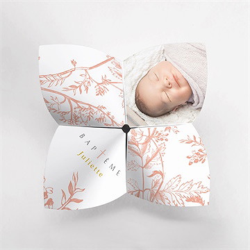 Faire-part de baptême gravure rosée origami - Vue du dessus