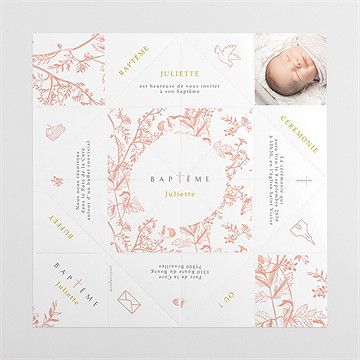 Faire-part de baptême gravure rosée origami - Vues dépliée