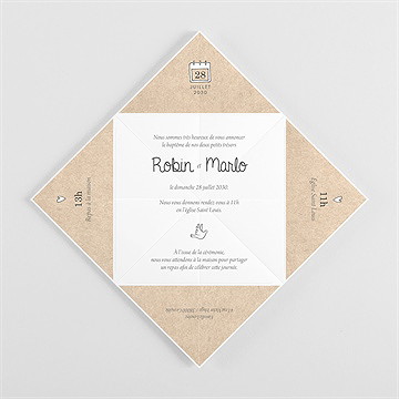 Faire-part de baptême pictos jumeaux origami - Vue intérieure pliée