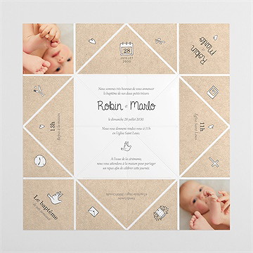 Faire-part de baptême pictos jumeaux origami - Vues dépliée