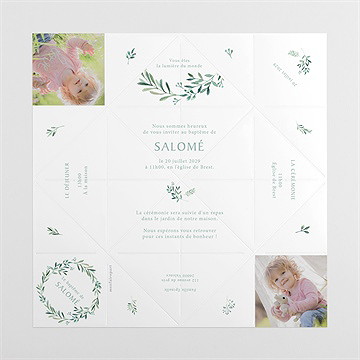 Faire-part de baptême feuilles et or origami - Vues dépliée