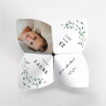 Faire-part de baptême décoration végétale origami - Vue du dessus
