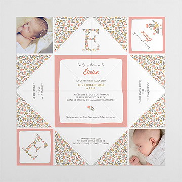 Faire-part de baptême initiales à motifs origami - Vues dépliée
