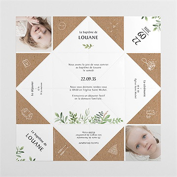 Faire-part de baptême kraft végétal origami - Vues dépliée