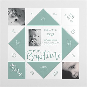 Faire-part de baptême jeu de mots origami - Vues dépliée