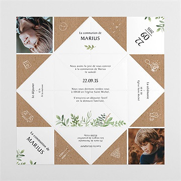 Faire-part communion illustration végétale origami - Vue dépliée