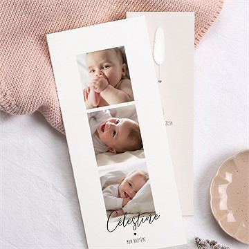 Faire-part de baptême pêle-mêle coeur fleur séchée