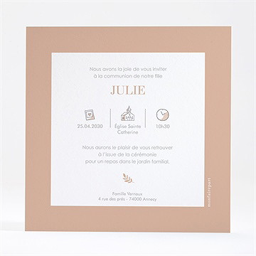 Faire-part communion beaux symboles cuivré - Dos du faire-part