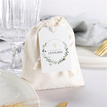 Boîte de dragées baptême l'eucalyptus pochon