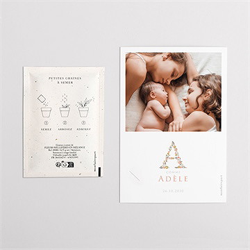 Faire-part naissance belle initiale avec graines - Dos du faire-part