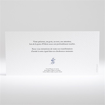 Remerciement décès fleurs bleues allongé - Dos du faire-part