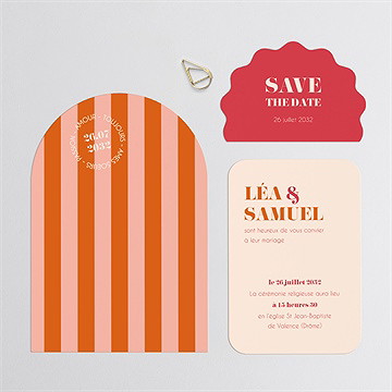 Faire-part mariage orange et fuchsia - Avant du faire-part