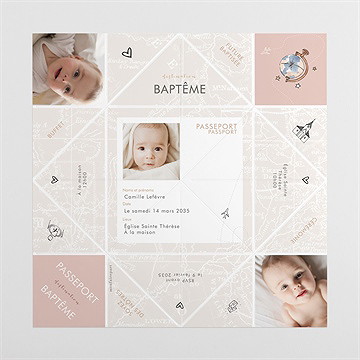 Faire-part de baptême joli passeport bapteme cocotte - Vues dépliée