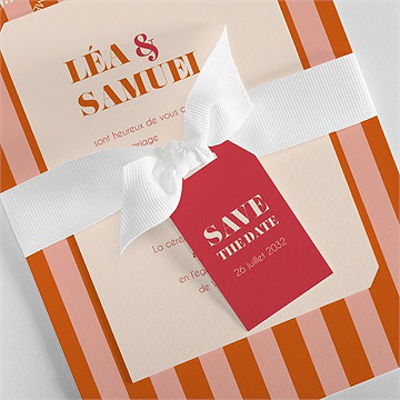 Faire-part mariage orange et fuchsia superposé - Détail du faire-part