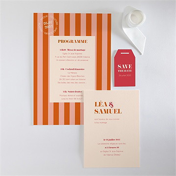 Faire-part mariage orange et fuchsia superposé - Vue d'ensemble