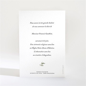 Faire-part décès olivier éternel - Dos du faire-part