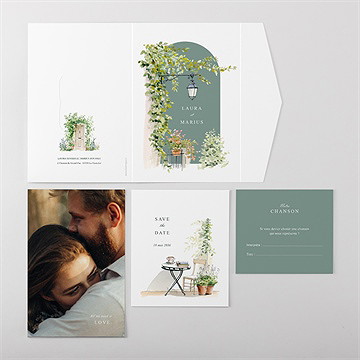 Faire-part mariage jardin aquarelle - Vue ensemble extérieur