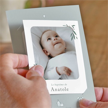 Faire-part de baptême photo vert sauge