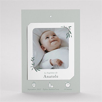 Faire-part de baptême photo vert sauge - Vue faire-part