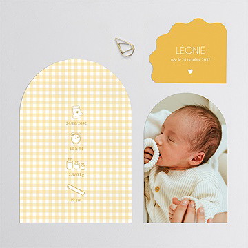 Faire-part naissance jaune vichy - Avant du faire-part