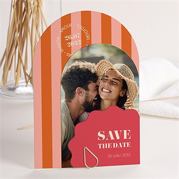 Faire-part mariage orange et fuchsia multicartes