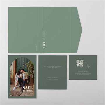 Faire-part mariage tons vert sauge pocketfold - Vue ensemble extérieur
