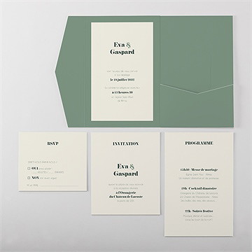 Faire-part mariage tons vert sauge pocketfold - Vue d'ensemble intérieur