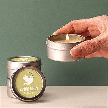 Bougie baptême colombe d'espérance argent - Bougie allumée