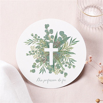 Faire-part profession de foi croix et feuillage