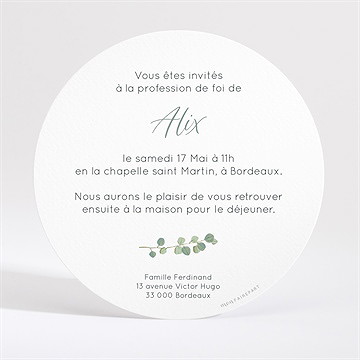 Faire-part profession de foi croix et feuillage - Dos du faire-part