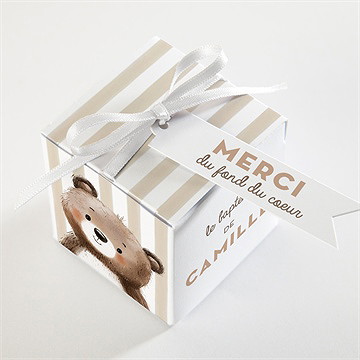 Boîte de dragées baptême ours en rayures - Dessus de la boîte