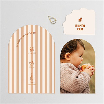 Faire-part de baptême rayures ocres - Avant du faire-part