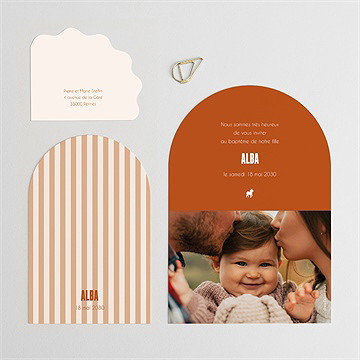 Faire-part de baptême rayures ocres - Dos du faire-part