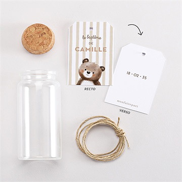 Mignonette baptême ours en rayures étiquette - Vue d'ensemble