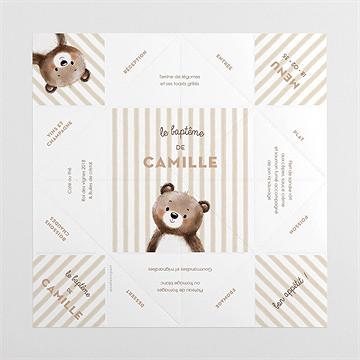 Menu baptême ours en rayures origami - vue dépliée